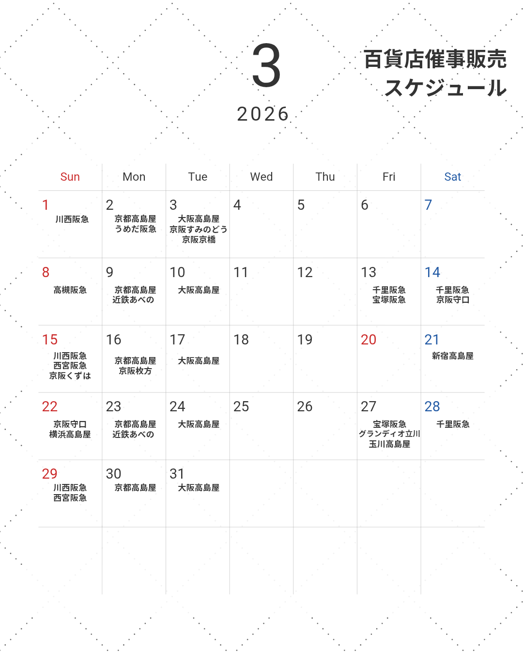 3月百貨店催事販売スケジュール
